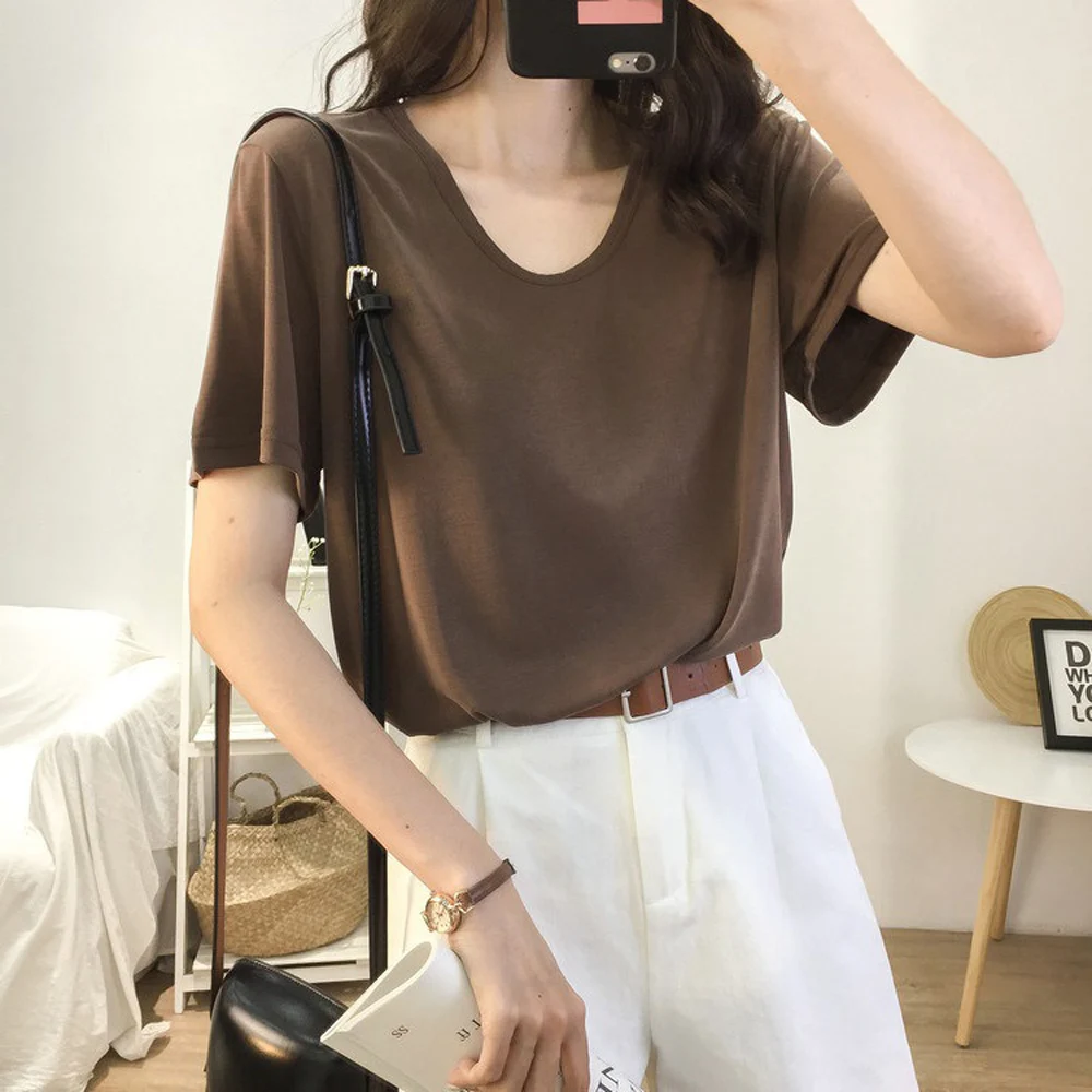 Women Loose Fit V Neck Short Sleeve Solid Color T Shirt