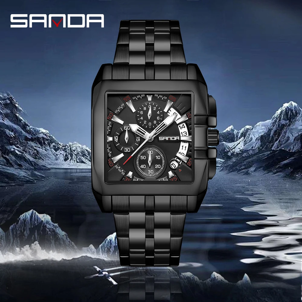 

Sanda 5302 Fashion Rectangle Dial Stainless Steel Strap Japan Quartz Movement Waterproof Business Men Chronograph Wrist Watch