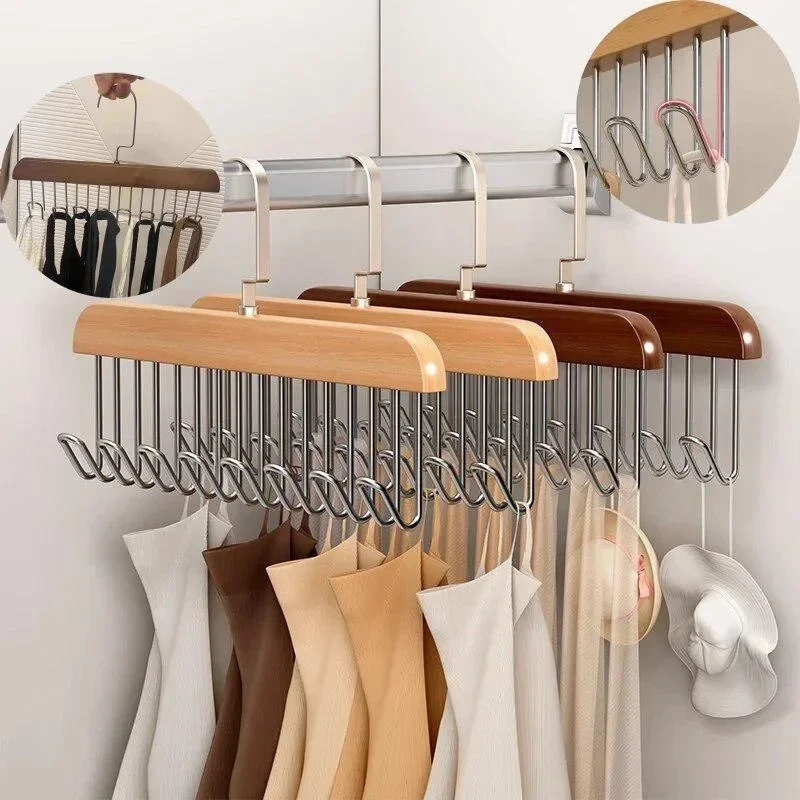 Retro Solid Wood Hanger Hook Storage Bra Tie Hangers Household Belt Storage Rack Durable 8 Hooks Rack Closet Clothes Organizer