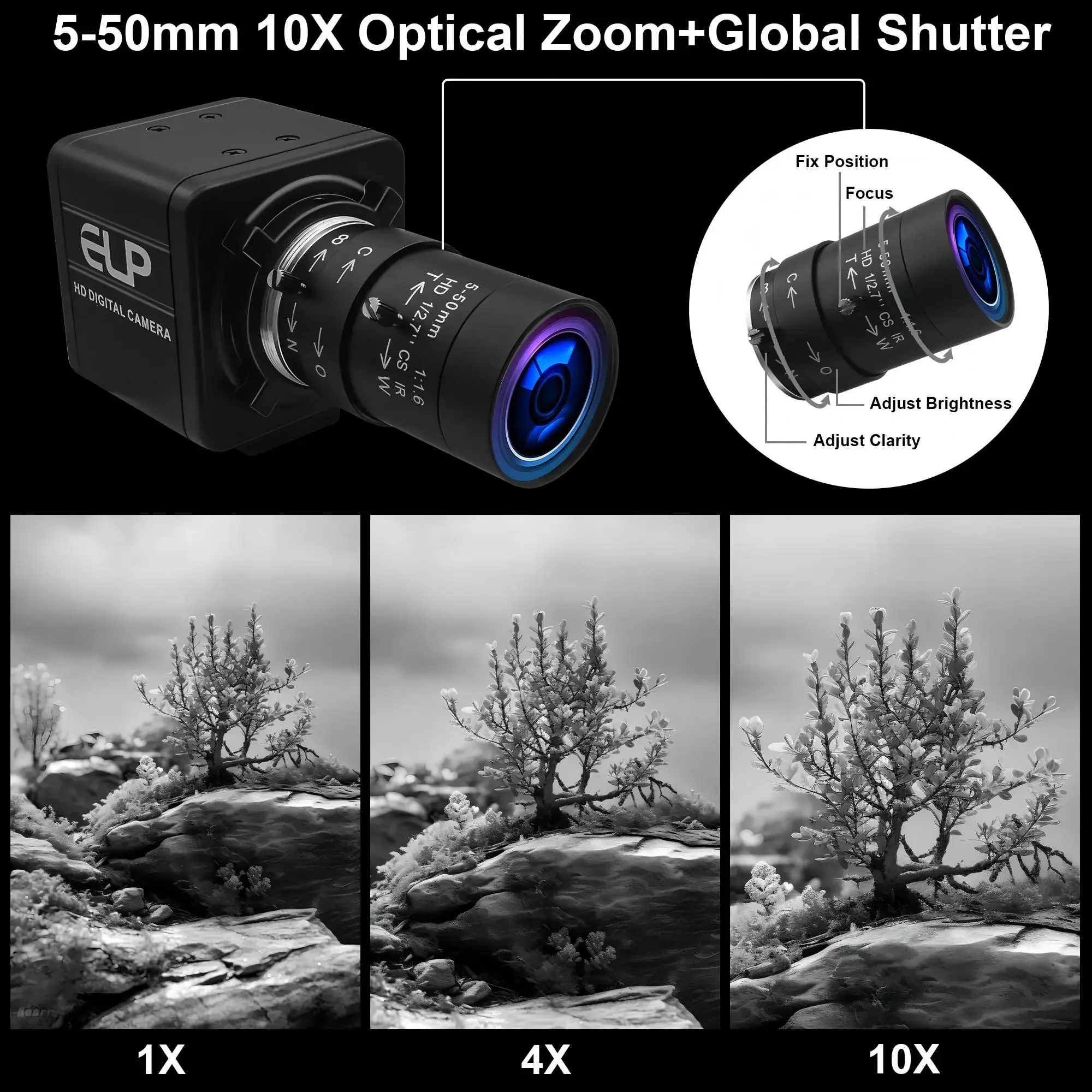 ELP 120fps 210fps Global Shutter USB Camera 800P 10X Zoom Monochrome Manual USB Webcam with 5-50mm Lens for Document Scanning