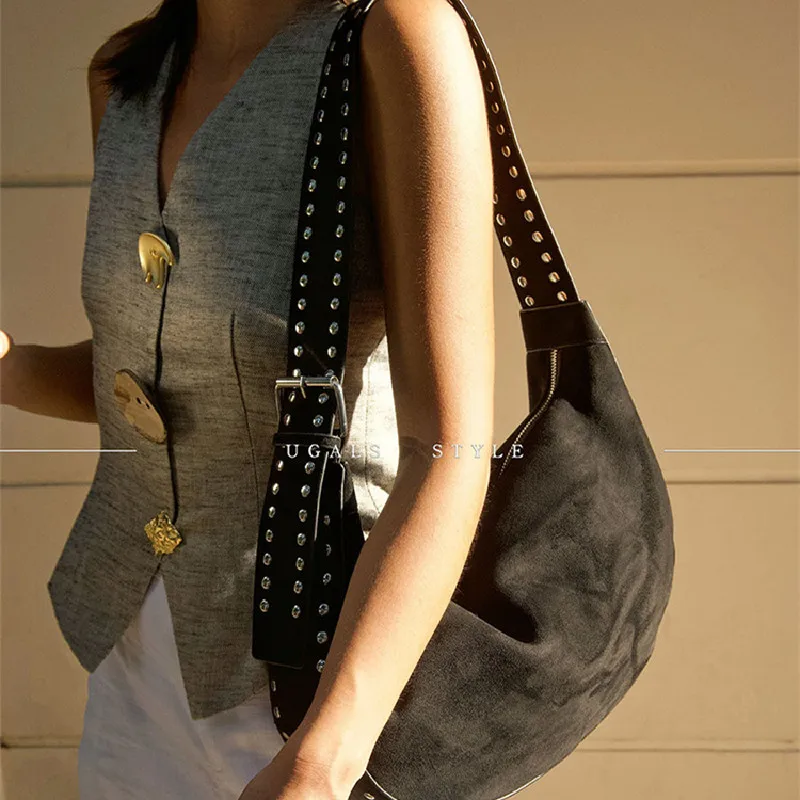 Fashion Rivet Suede Women Bag Luxury Half Moon Shoulder Bag Designer Tote Bags For Women Handbags 5 Underarm Bags New Clutch