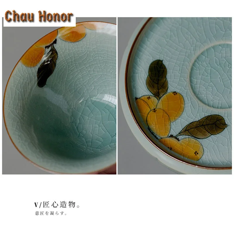 100ml Boutique Borneol Glaze Ceramic Tea Tureen Pure Hand-painted Loquat Art Sancai Covered Bowl Tea Maker Gaiwan Kung Fu Teaset