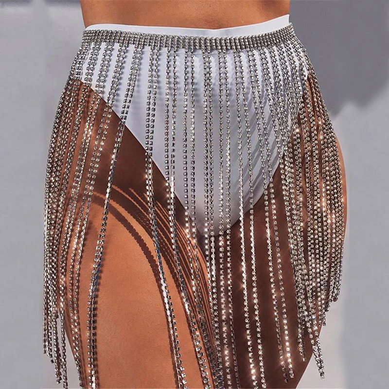 

Sexy Women Beach Bikini Mini Skirt Glitter Rhinestone Long Tassel Jewel Skirts Crystal Diamonds Fringe Adjustable Summer