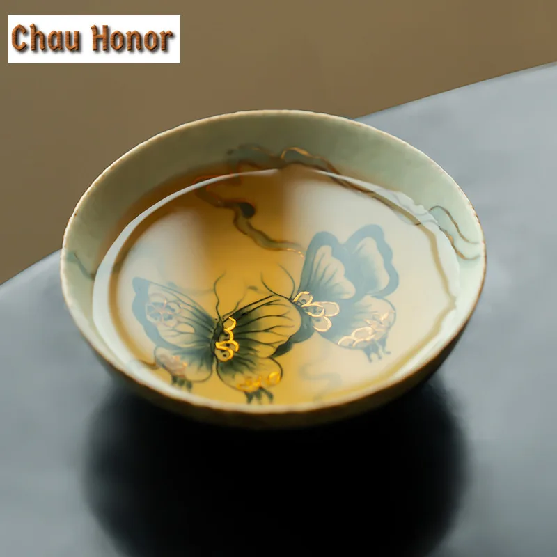 100ml Blue And White Flint Red Teacup Handmade Gold Drawing Butterfly Master Cup Personal Wide Mouthed Puer Tea Bowl Drinkware
