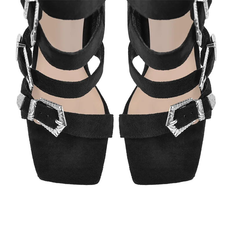 Onlymaker Women Round Toe Hollow Buckle Starp Thigh Stiletto Sandals Ankle Strap Zipper Gladiator Buckle Sandals