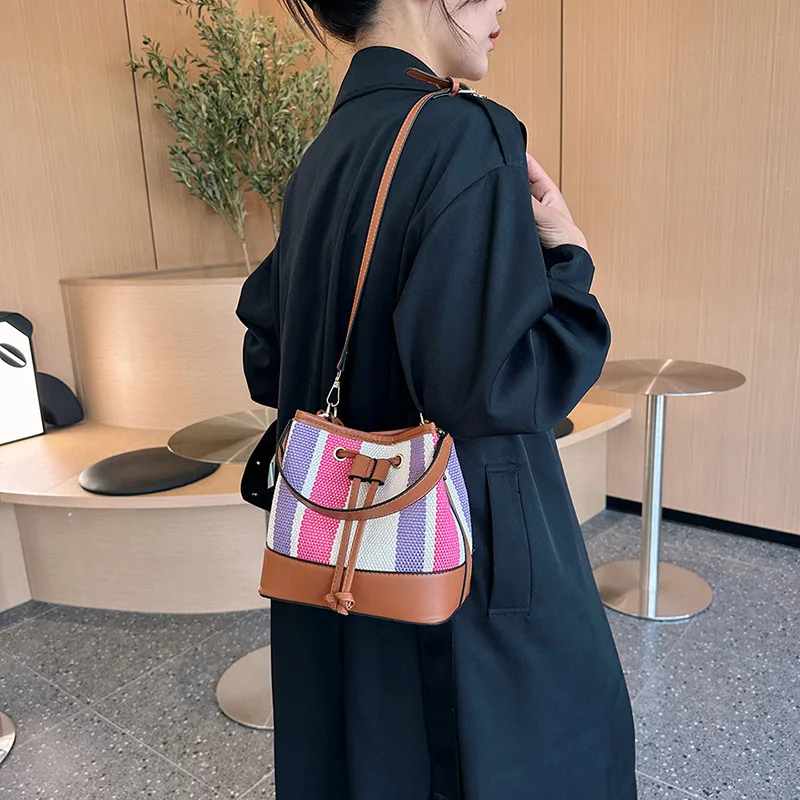 Large Capacity Handheld Bag for Women New Fashion Combination Color Contrast Shoulder Crossbody Texture Drawstring Bucket Bag