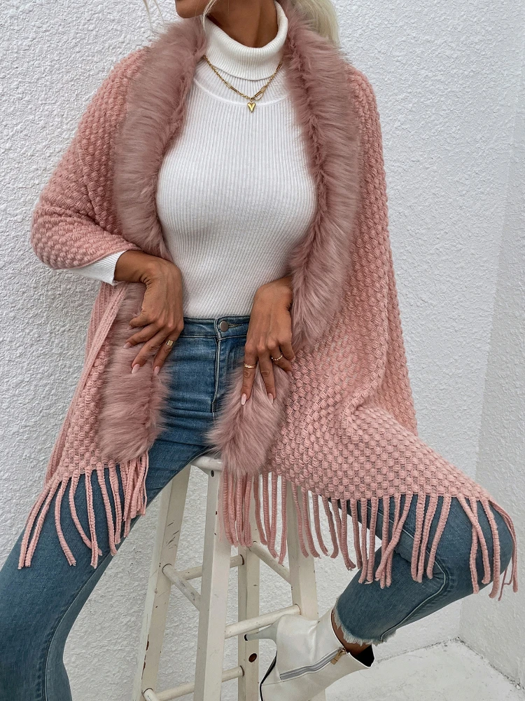 

Women's Fur Collar Fringed Shawl Sweater Cardigan Coat Autumn Winter Fashion Pink Sexy Casual Long Harajuku Vintage Streetwear