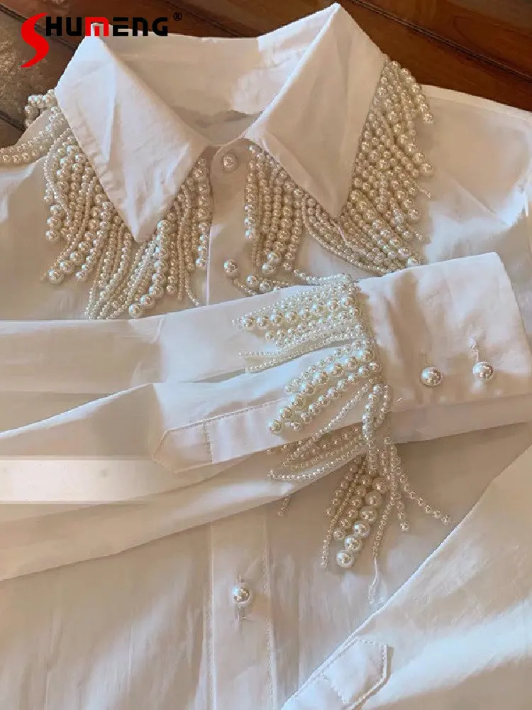 

High-End Handmade Pearl Tassel French Style Square Collar Long Sleeve Button Shirt Women 2023 Spring Elegant White Blouse Top