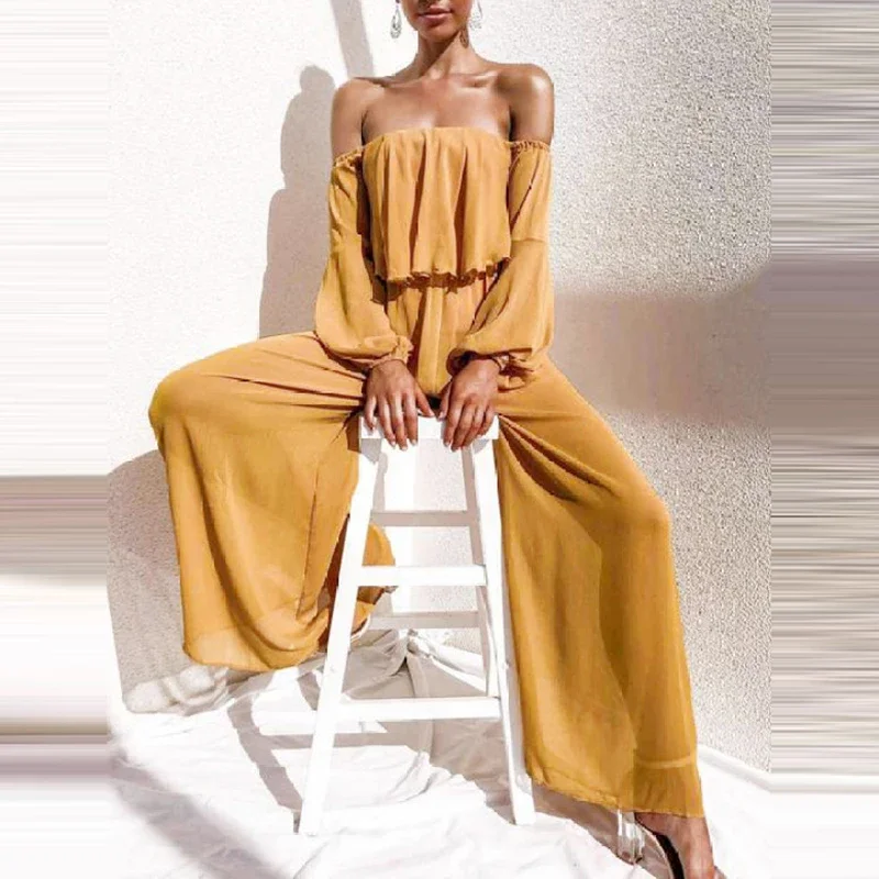 Autumn Women New One Shoulder Long Sleeves Fashion Chiffon Jumpsuit Casual Solid Color Elegant Slim Holiday Jumpsuit 2024 Summer