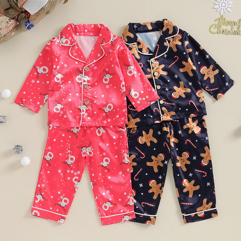 

Kid Girls Boys Christmas Pajamas Set Gingerbread Man/Elk Print Long Sleeve Tops Long Pants 2 Pieces Lounge Suit Sleepwear