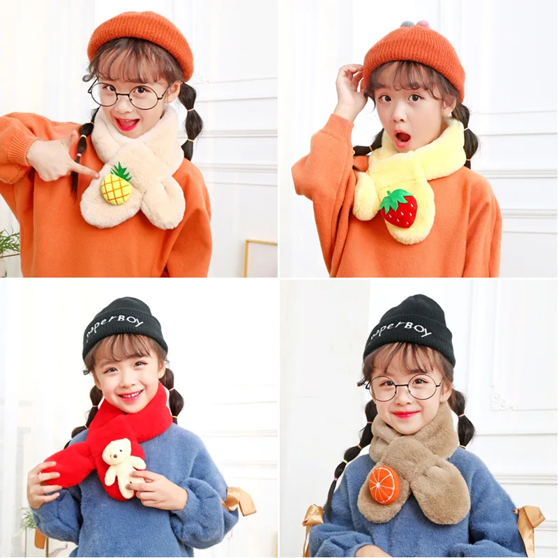 Children Plush Scarf Autumn Winter Kids Warm Faux Fur Cross Scarves Cute Girl Boy Cartoon Soft Neck Ring Scarf New Korean Style