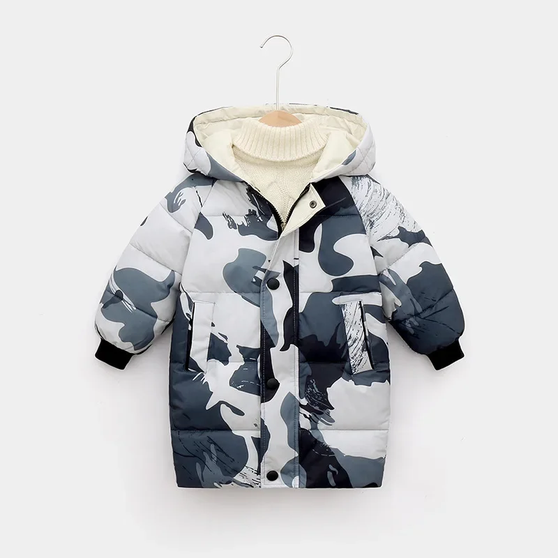 

Winter Boys Jacket Long Style Thick Warm Camouflage Printing Hooded Outerwear For 3-12 Years Old Kids Windbreaker Coat