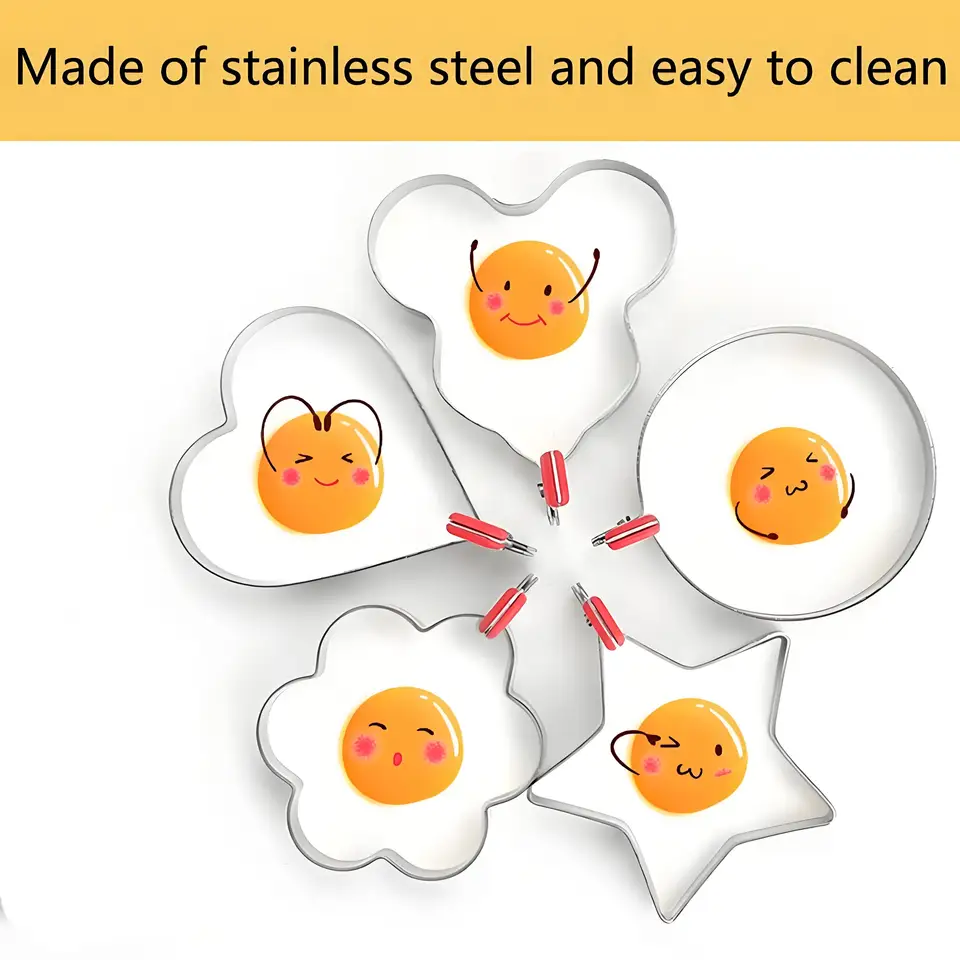 5-Piece Non-Stick Egg Ring Set - Stainless Steel Molds For Heart, Star, Flower & Round Shapes (3.7-4.1 Inch)
