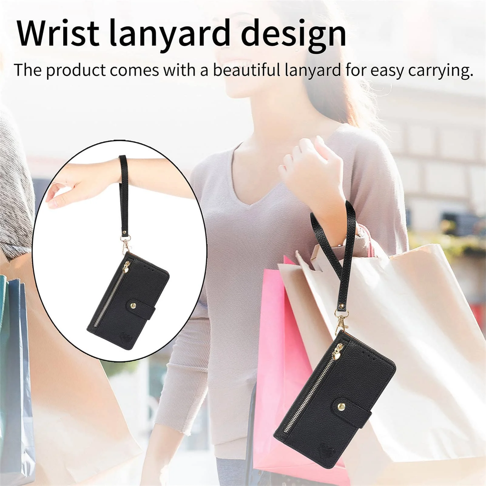 Premium Wallet Case with Zipper Pocket and Wrist Strap - Flip Card Holder Purse