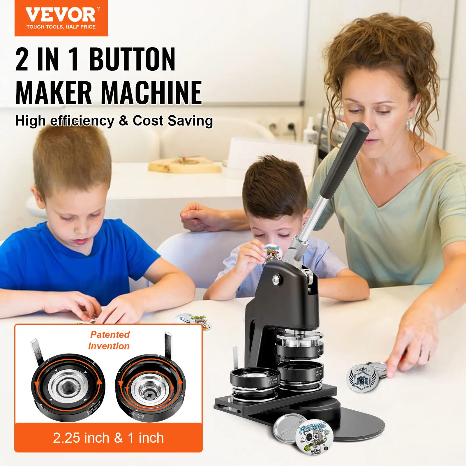 VEVOR button manufacturer machine badge needle machine 1 "+2.25" 500 free parts printing kit