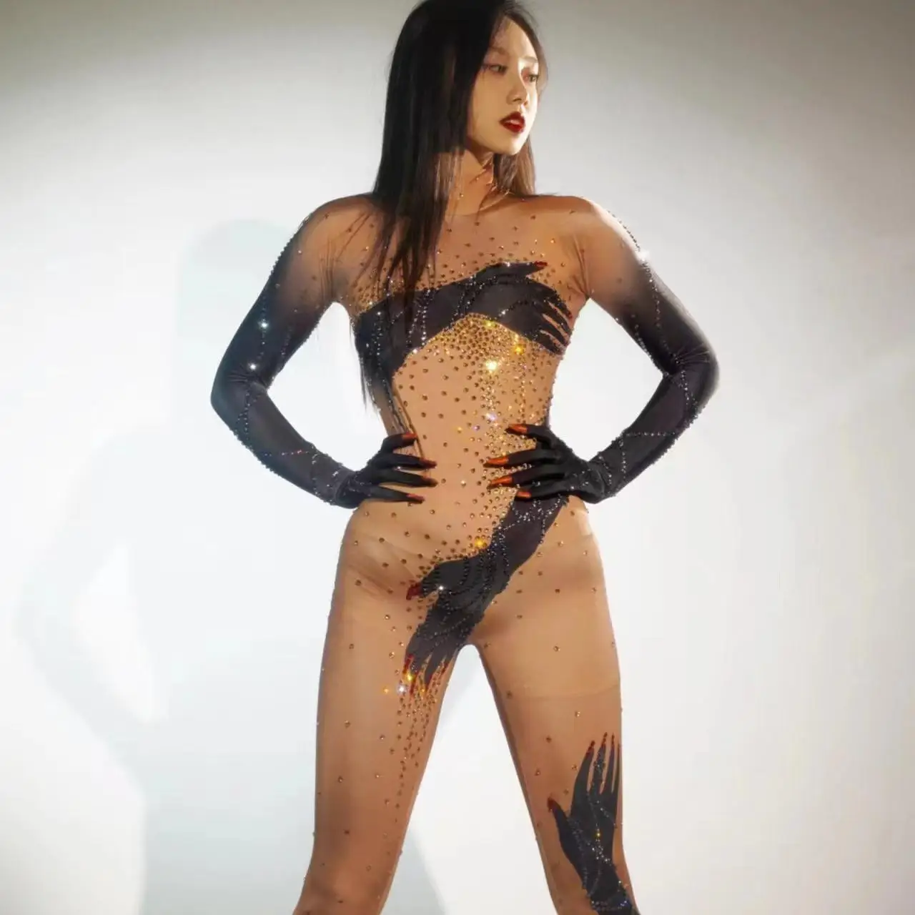 

Shiny Black Hands Printed Jumpsuit Gloves Sexy Performance Costume Singer Dancer Show Stage Wear Party Birthday Outfit Moshou