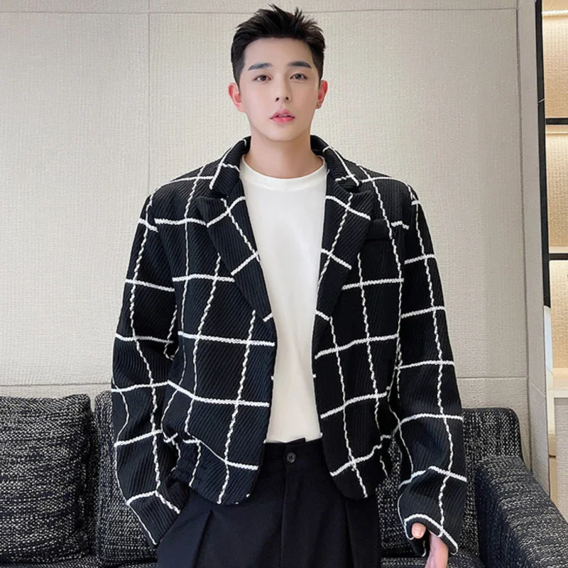 IEFB Men's Korean Style Fashion Chic Plaid Tweed Jacket Male New Loose Lapel Long Sleeve Vintage Short Coat Spring Winter 2022 mens flannel jacket