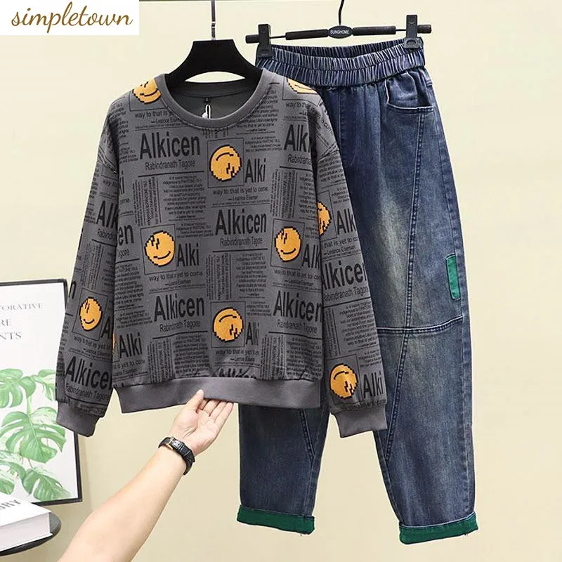 Fashion Age Reducing Spring and Autumn Set Women's Large 2024 Printed Sweater Versatile Elastic Denim Harlan Pants