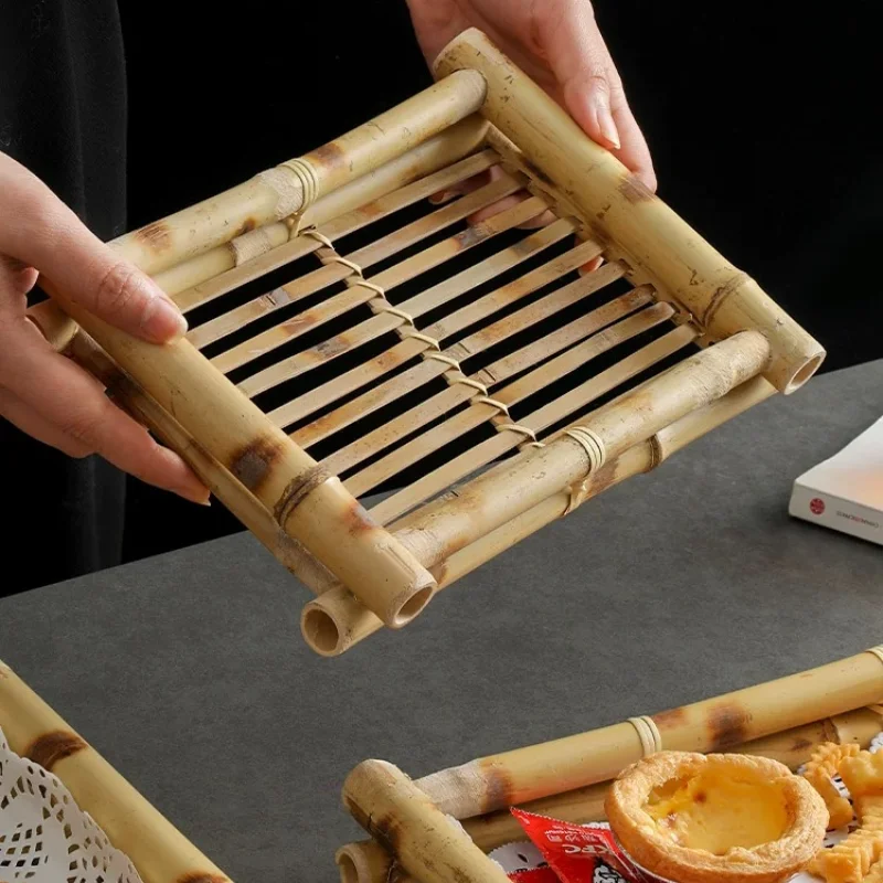 Natural Bamboo Woven Tray Thai Serving Tray Creative Characteristic Fried Food Afternoon Tea Dessert