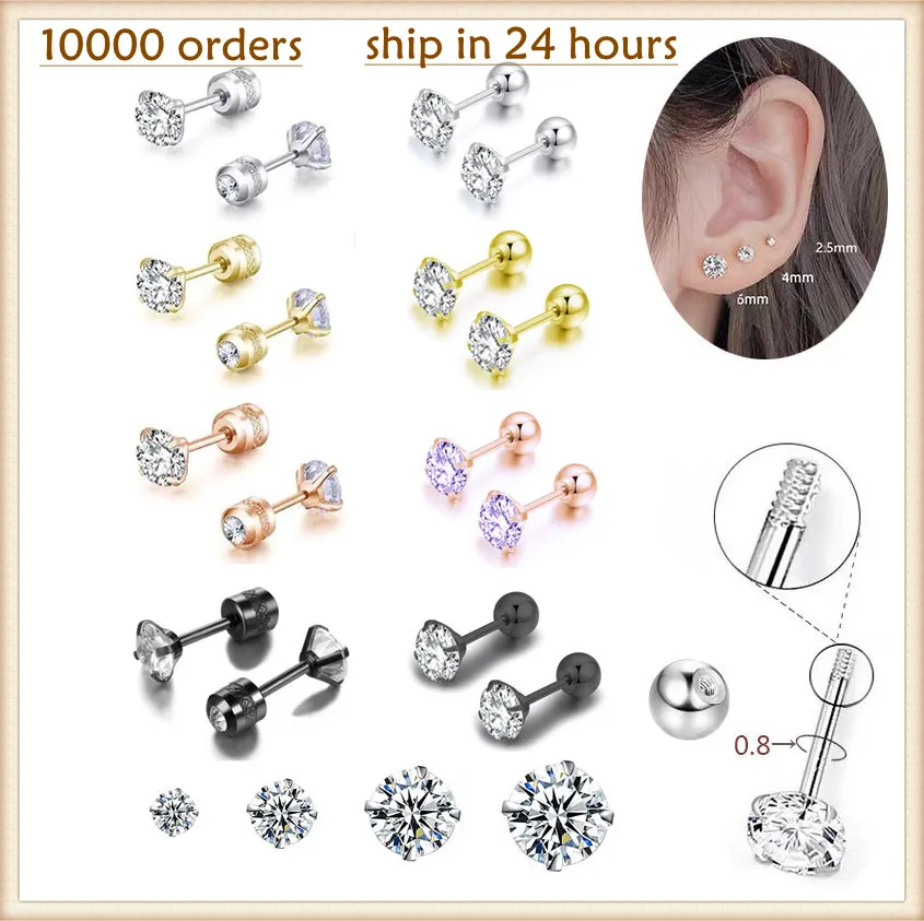 stud earrings 1 Pair 3-6mm Stud Earrings Set Hypoallergenic Double Round Cubic Zirconia Stainless Steel CZ for Girls Women