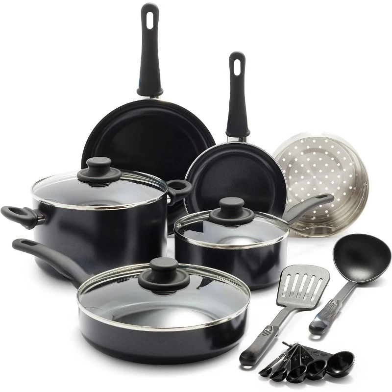 

GreenLife Soft Grip Healthy Ceramic Nonstick 12 Piece Cookware Pots and Pans Set PFAS-Free Dishwasher Safe Black