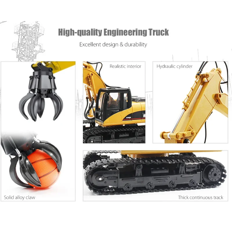 HUINA 571 2.4G RC Alloy Ball Grabber Truck 1/14 16CH RTR 680 Rotation Movable Stick Boom Claw LED Light Engineering Car Kids Toy 6