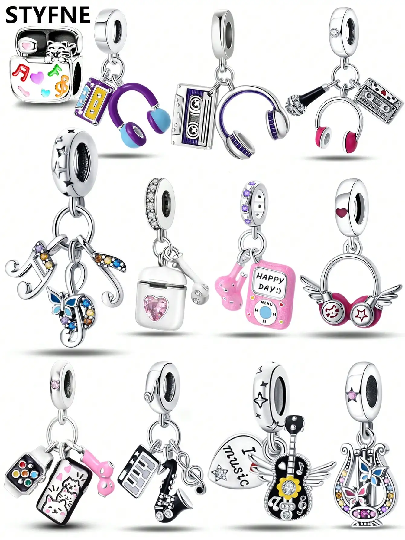 Silver Plated Music Cat Earphones Charm