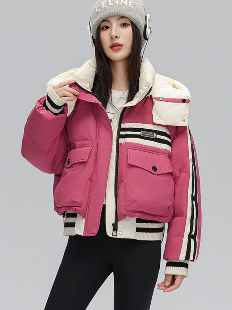 

2023 Short Hooded Down Parka Solid Striped Zippered Down Jacket Casual Large Pocket Warm Outerwear For Women