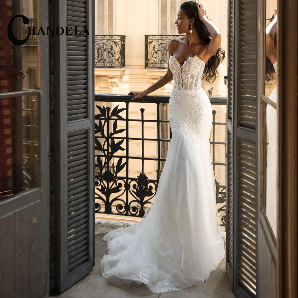 

Изящное свадебное платье CHANDELA без бретелек с блестками и открытой спиной, свадебное платье с аппликацией для невесты, индивидуальный пошив