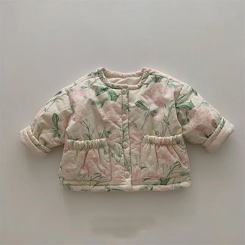 Inverno infantil nova jaqueta acolchoada bebê menina doce flor engrossar casaco da criança menino moda xadrez algodão roupas bolsos cardigan