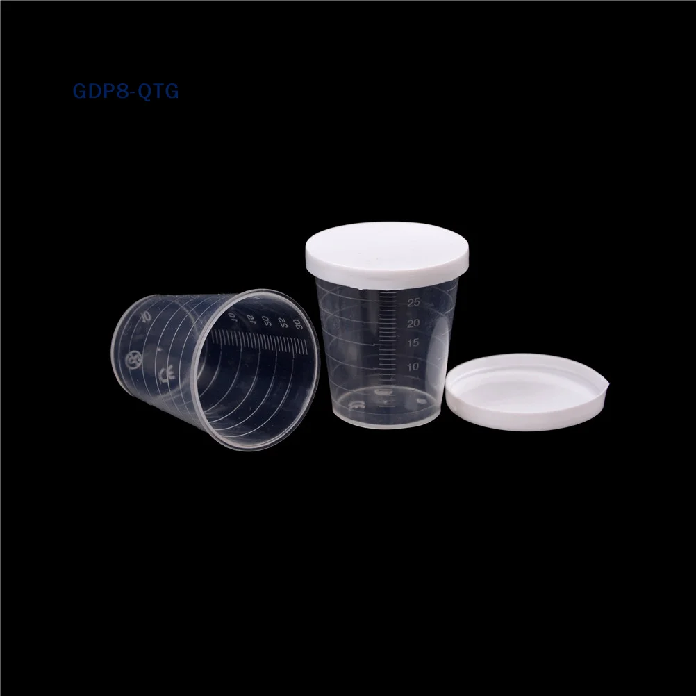 새로운 10개 30ml 플라스틱 실험실 테스트 액체 측정 용기 컵(캡 포함)