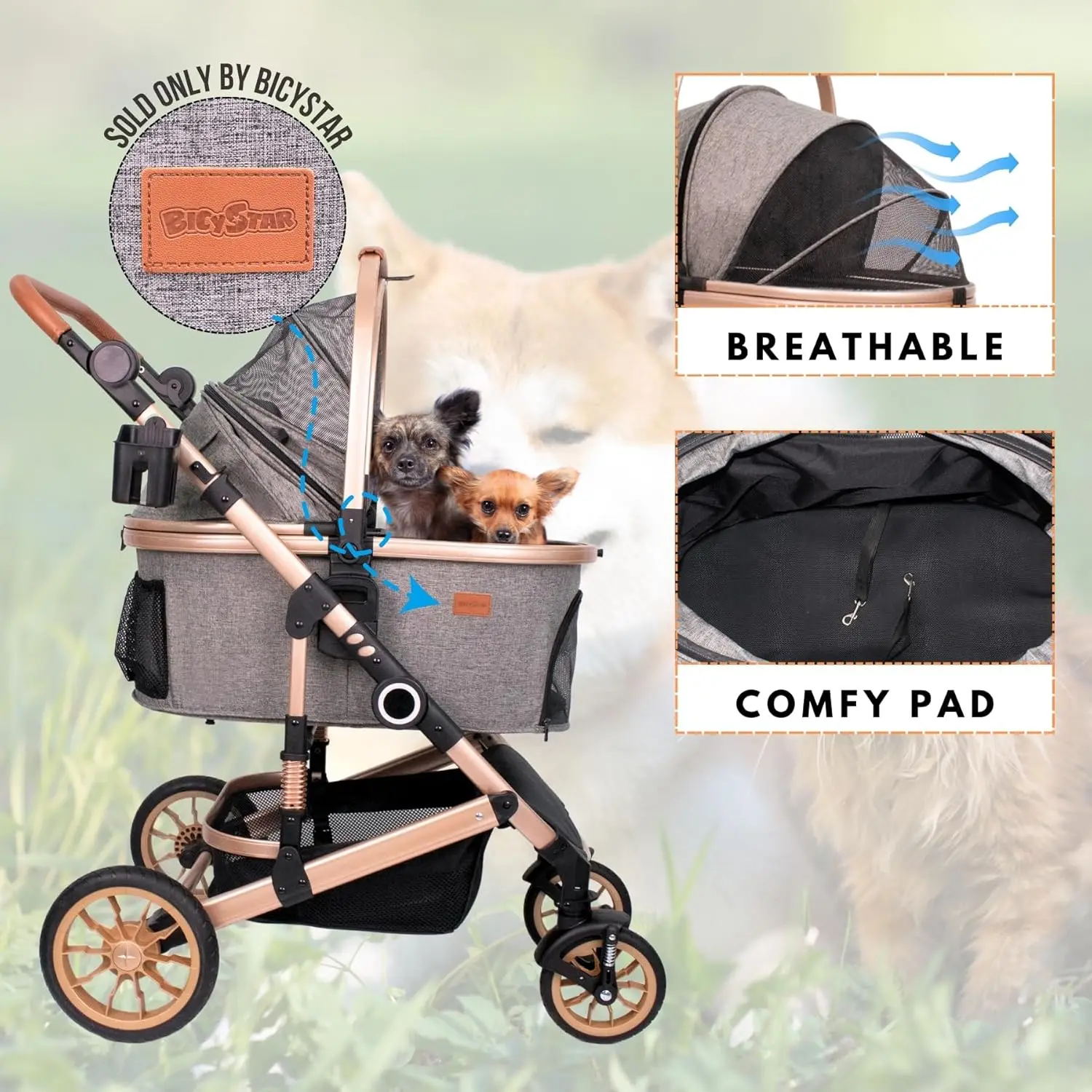 Pet Stroller with 4 Wheels, Pet Travel Carrier for Small/Medium Dogs Cats up to 50lbs, Portable Bag