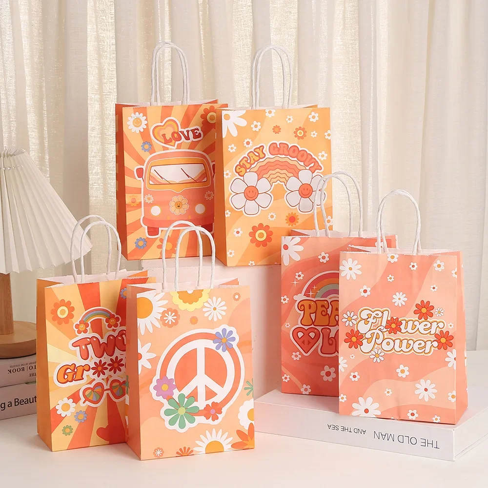 6 Stück Hippie-Boho-Themen-Papier-Geschenkverpackungsbeutel Bohemia Groovy Daisy Candy Bag für Geburtstag, Babyparty, Hochzeit, Party-Dekoration