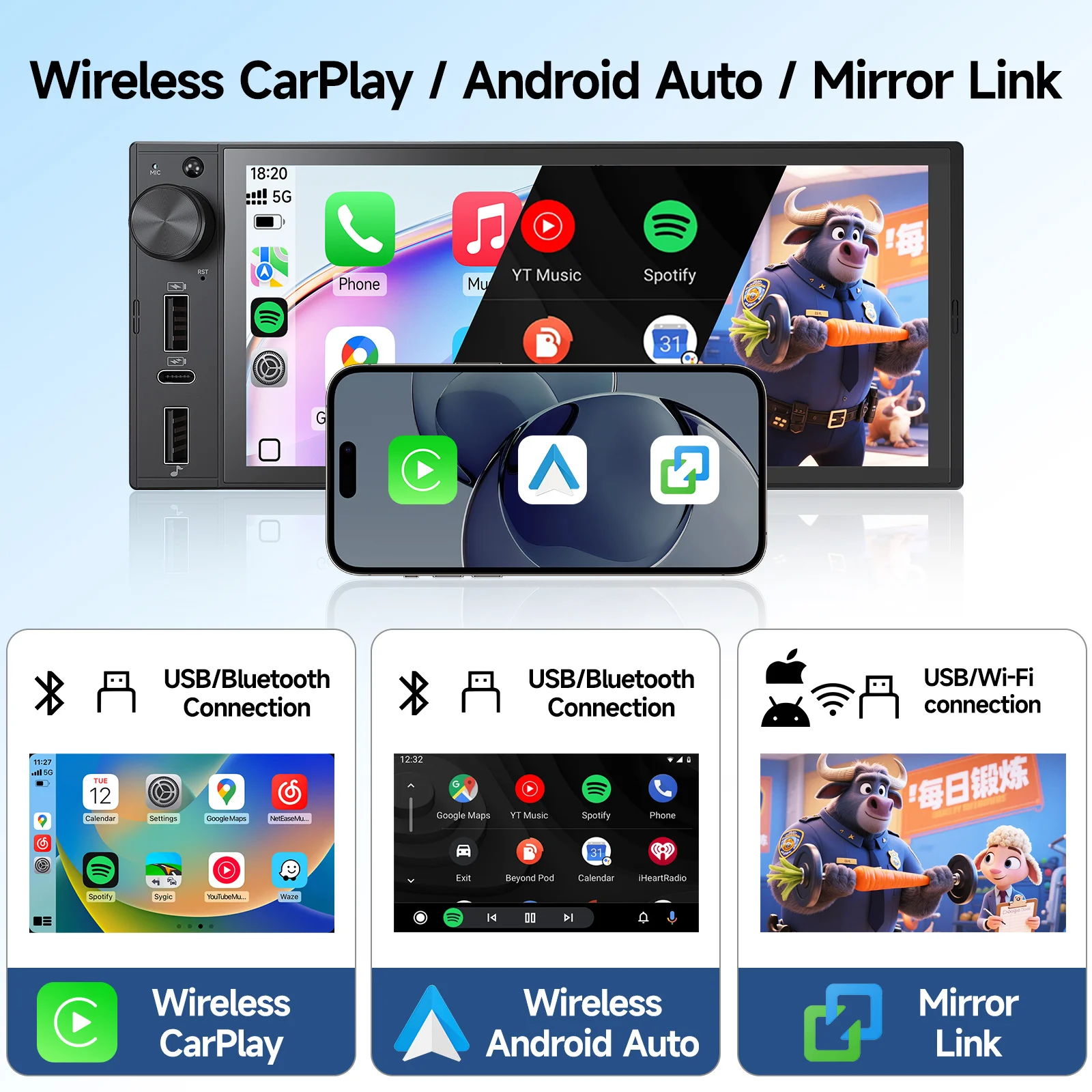 JIUYIN 1Din IPS 6 Inch Wireless Carplay Android Auto Car Radio Multimedia Video MP5 Player Touch Screen Universal Radio Stereo