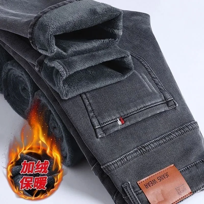 Winter New Fashionable Solid Color With Thick Fleece and Warm Straight Leg Elastic Jeans For Men's Casual Sports High-end Jeans 2