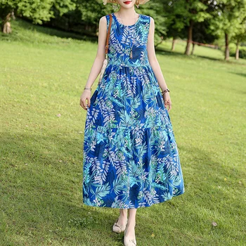 New Casual Fashion Summer 2025 Women Vintage Elegant Vestidos Sleeveless Print Floral Plus Size Women Dress O-Neck Dresses