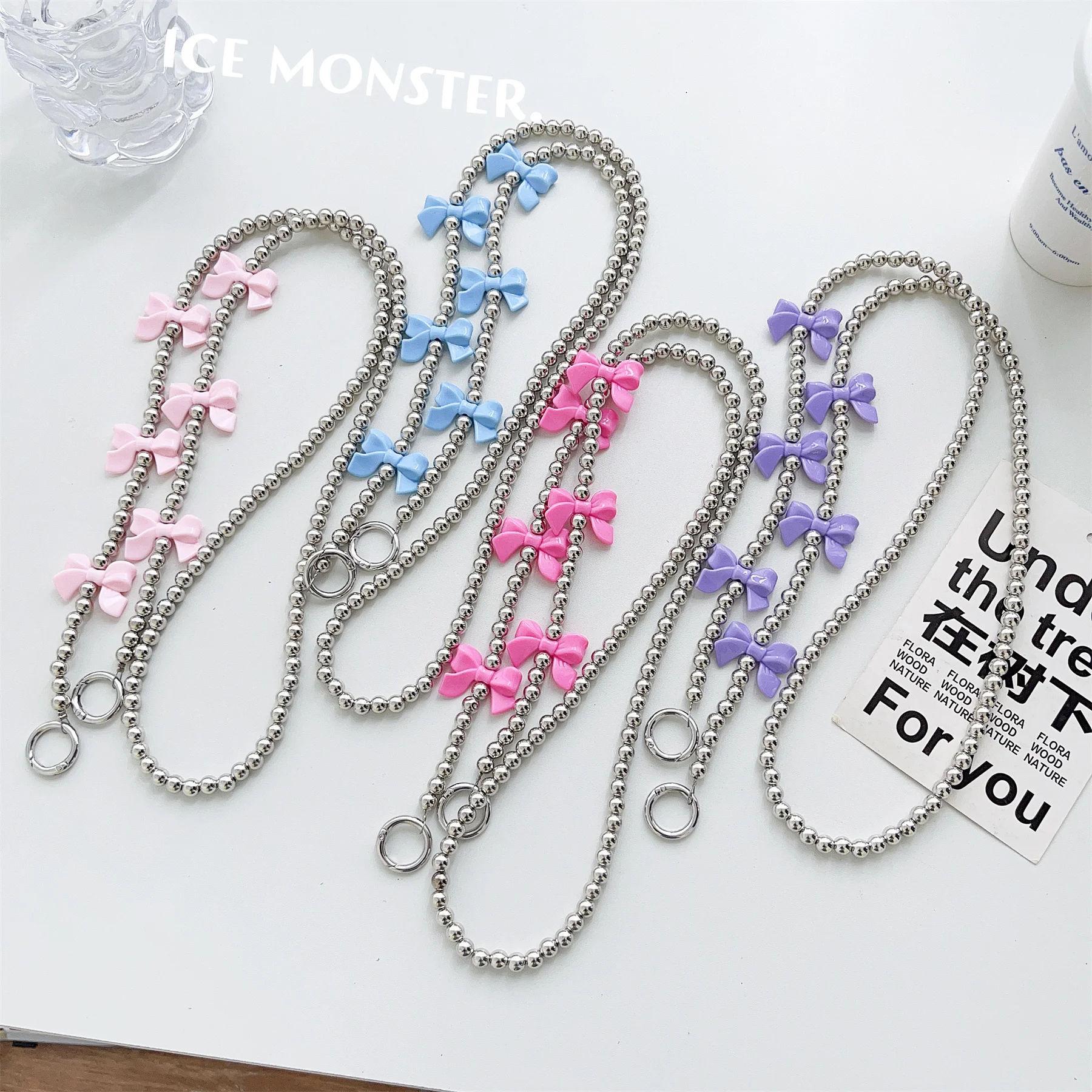 Korean Mobile Phone Corssbody Lanyard Straps Jelly Bow Sliver Beads