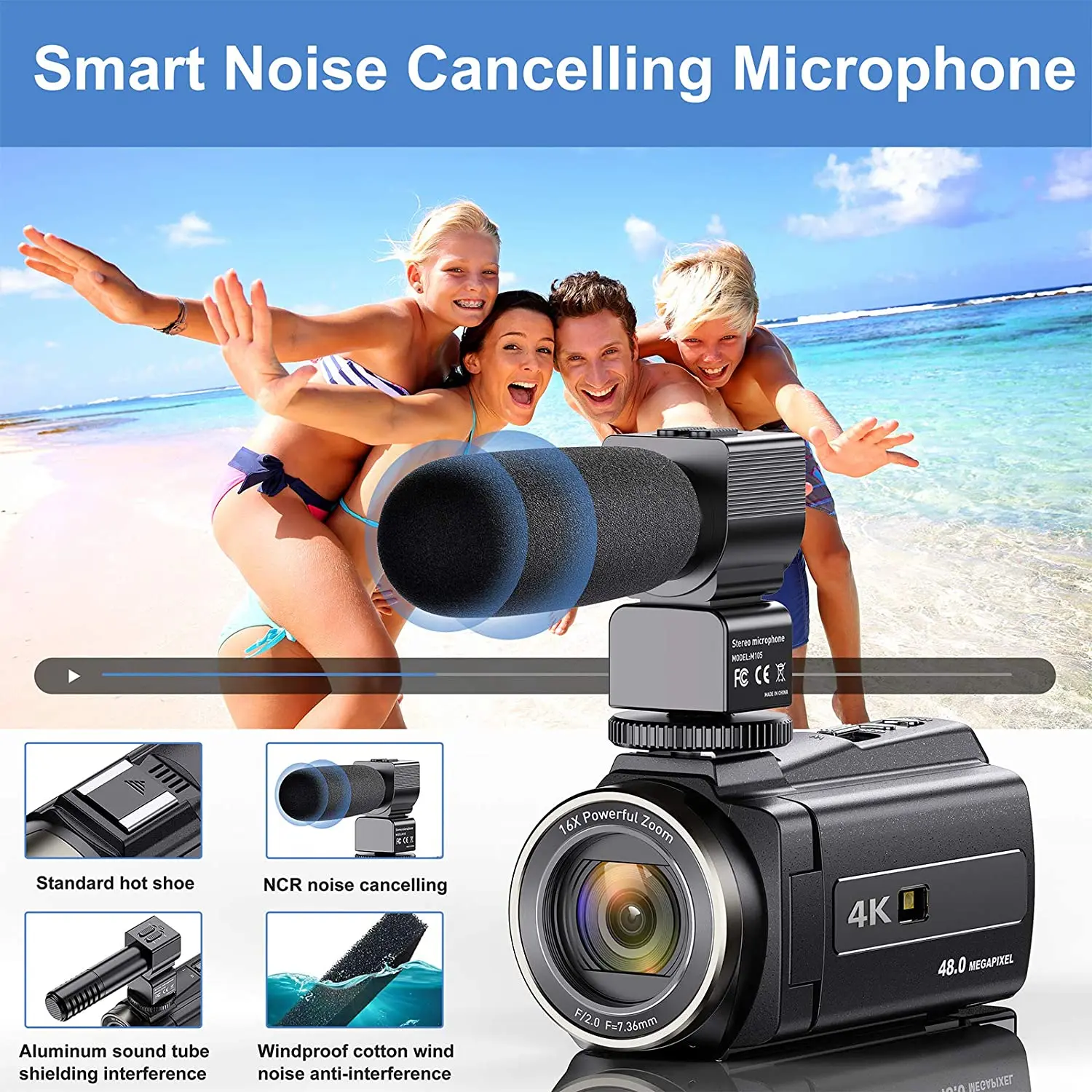 48MP 4K Video Camera 16X Zoom 3.0" Camcorder with Microphone Vlogging Touch Screen IR Night Vision Wi-Fi Vlog Cameras Web - 4