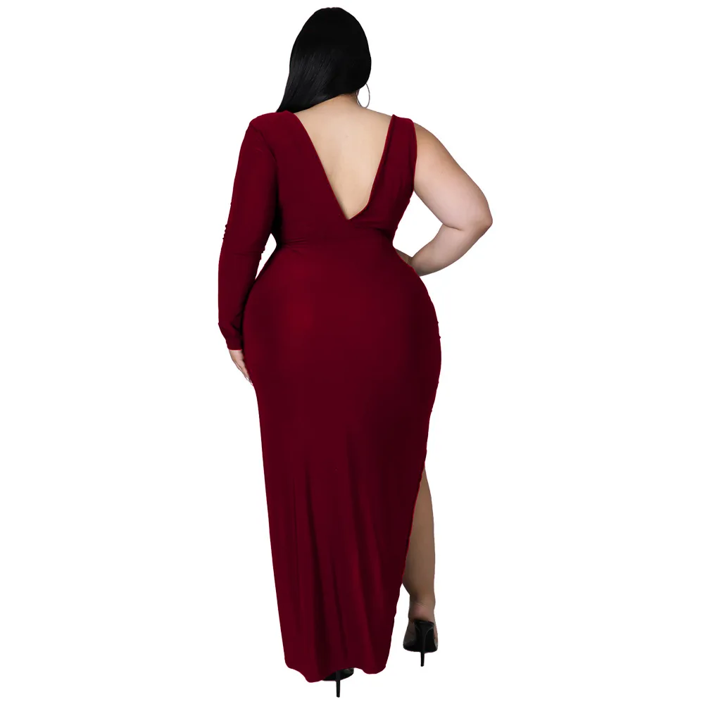 FS Women's Long Sleeve One Shoulder Hollow Out High Slit Plus Size Dress Deep V Neck Large Size Ladies Sexy Fat Dresses