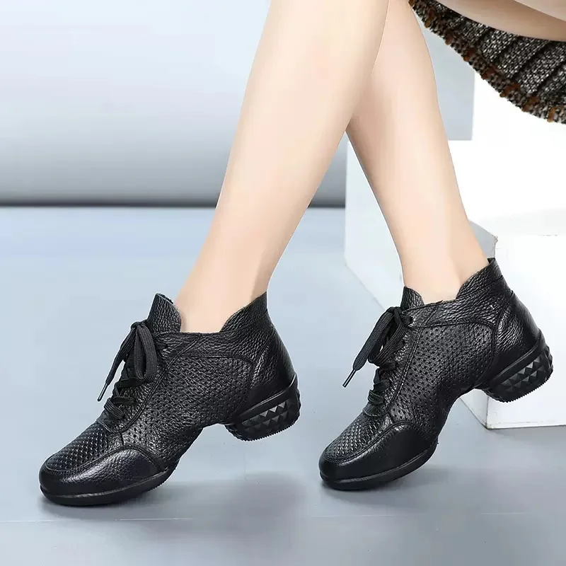 Dance Shoes Women's Square Dance Shoes Leather Soft Sole Modern Jazz Dance Shoes Hollow Female Sailor Breathable Sneakers