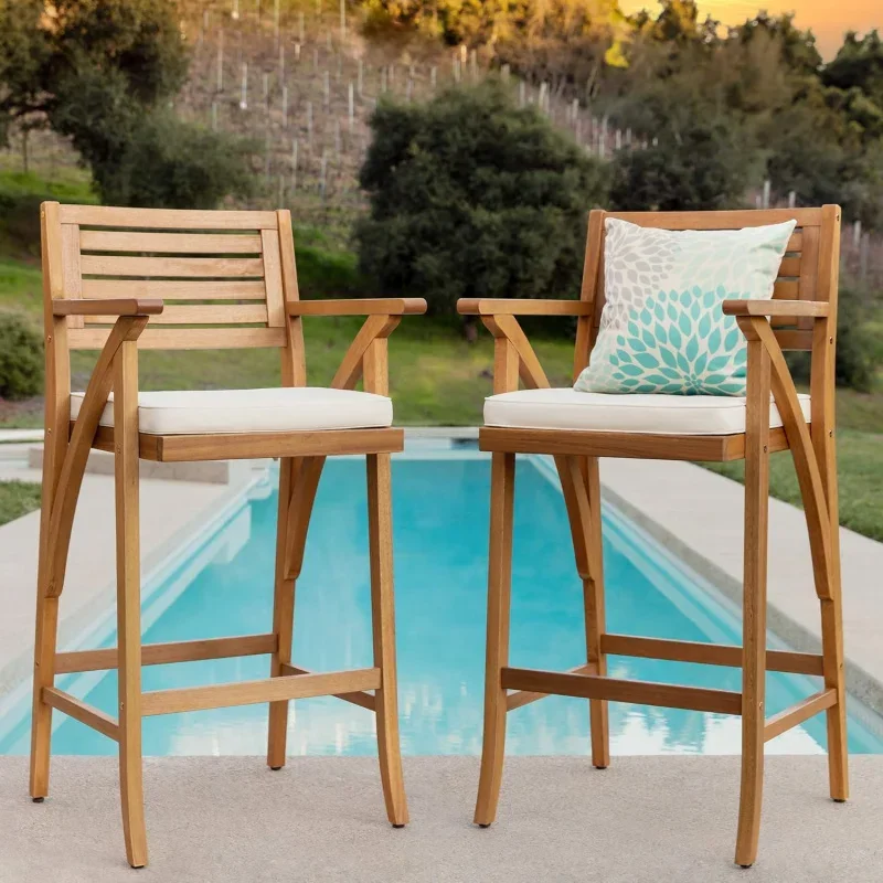 Set of 2 Outdoor Acacia Wood Bar Stools Bar Chairs for Patio, Pool, Garden w/Weather-Resistant Cushions-Teak Finish