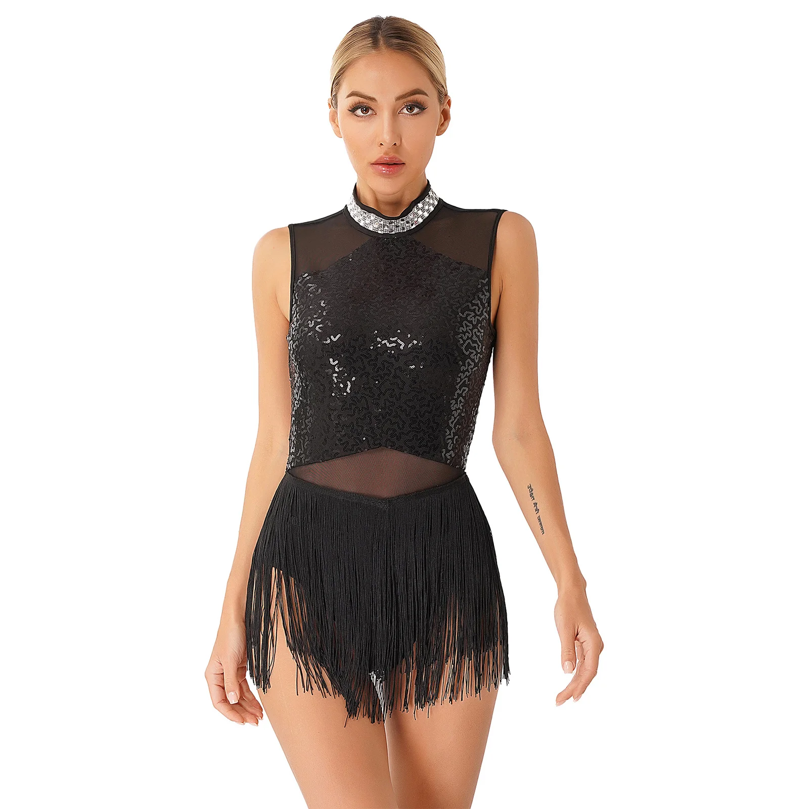 

Womens Latin Dance Dress Shiny Sequin Rhinestone Fringed Mesh Splice Leotard Dress Cha-Cha Tango Rumba Samba Performance Costume