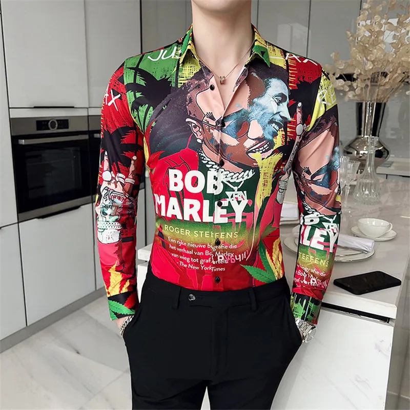 

2023 Mens Vintage Bob Marley Print Long Sleeve Shirt New Fashion Hawaiian Slim Fit Shirts Casual Luxury Shirts Men Chemise Homme