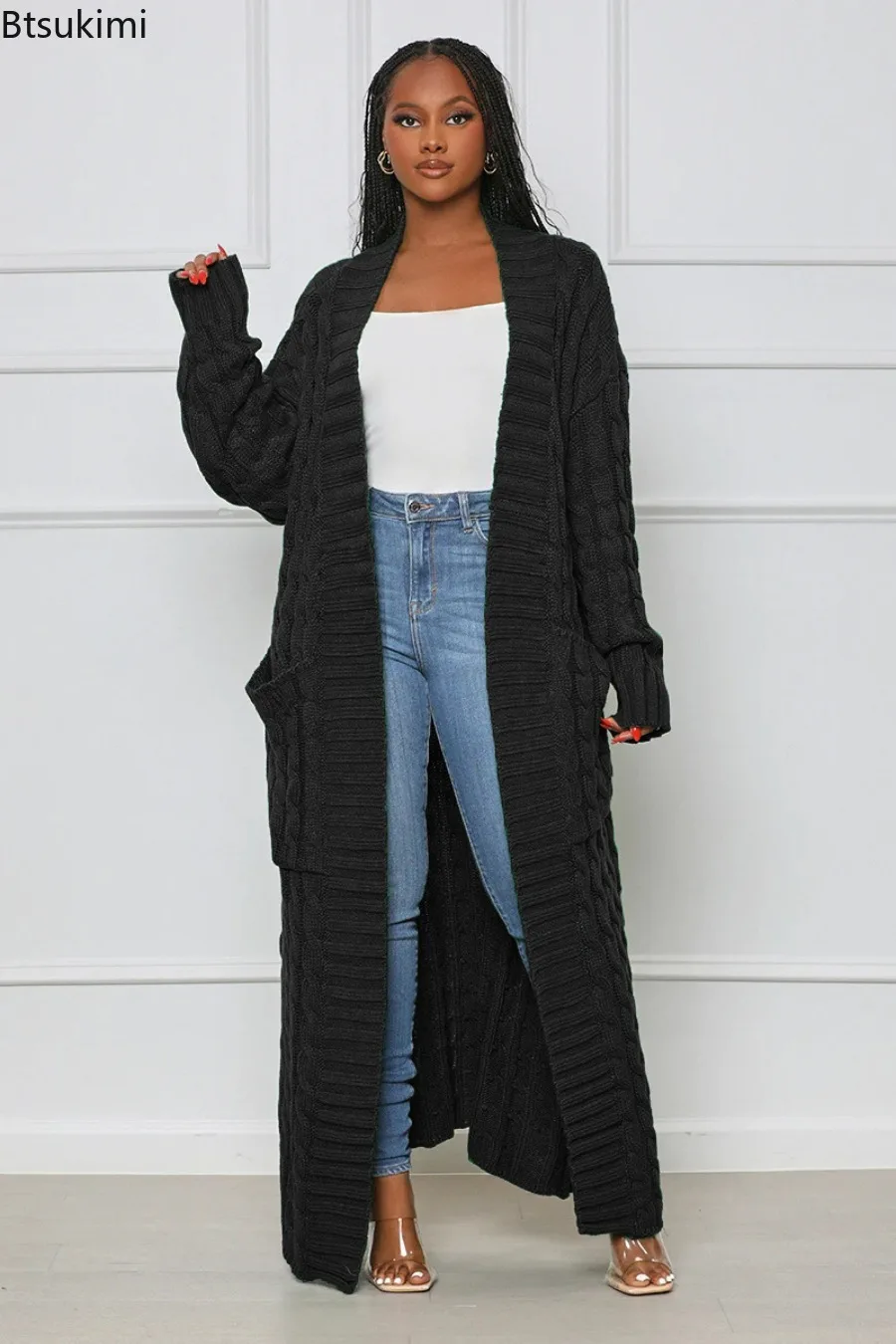 

2024 Women's Knitted Long Cardigan Jacket Oversized Autumn Winter Knitted Sweater Solid Knitwear Female Vintage Twist Cardigan