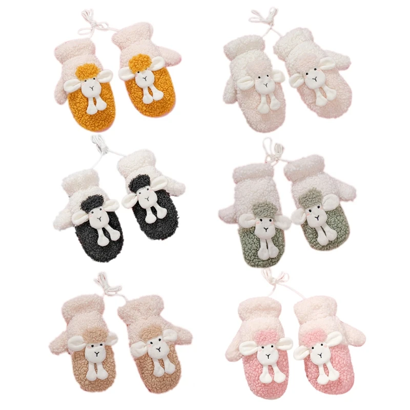 Lovely Plush Sheep Mittens with String Cartoon Animal Gloves for Cold Weather Full Finger Gloves Party Dress up