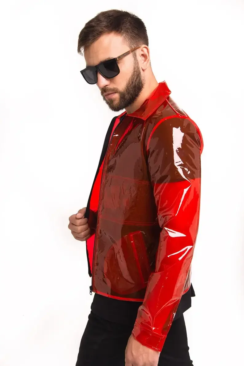 

Men's Glossy Clear PVC Stand Collar See-through Jackets Male Long Sleeve Transparency Coats With Pocket rspective Jacket Custom