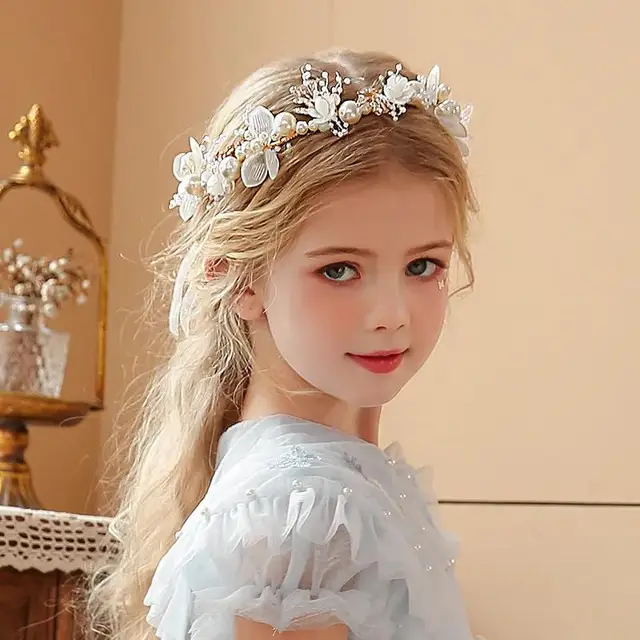 Tocado de pelo de perlas bohemias para niña, corona de flores para novia, diademas de Aro para la cabeza, joyería para el cabello, regalos para niños, Primavera - Imagen 2