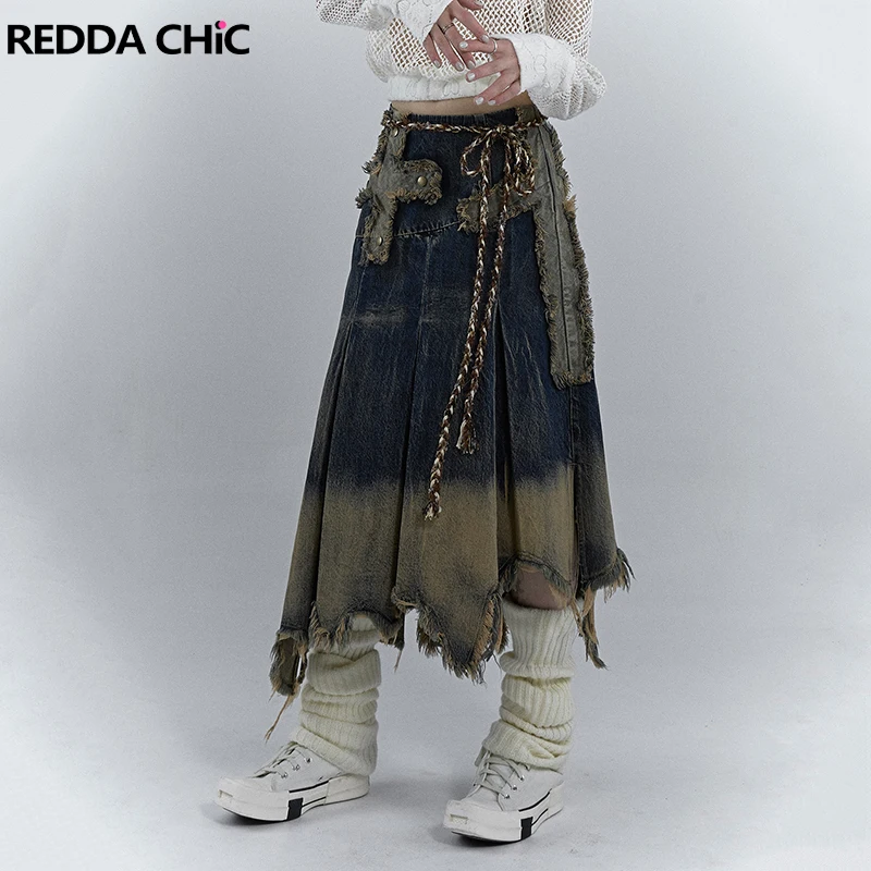

Женская плиссированная джинсовая юбка макси REDDACHiC с вышивкой крестиком, синяя джинсовая юбка в стиле ретро Y2k, длинные брюки средней длины