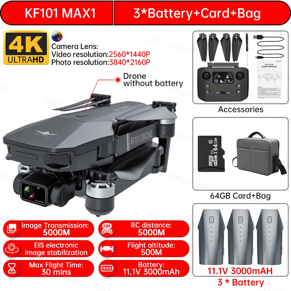 HGIYI KF101 Max Drone 4K Professional 5G WIFI Dron HD EIS Camera Anti-Shake 3-Axis Gimbal Brushless Motor RC Foldable Quadcopter 