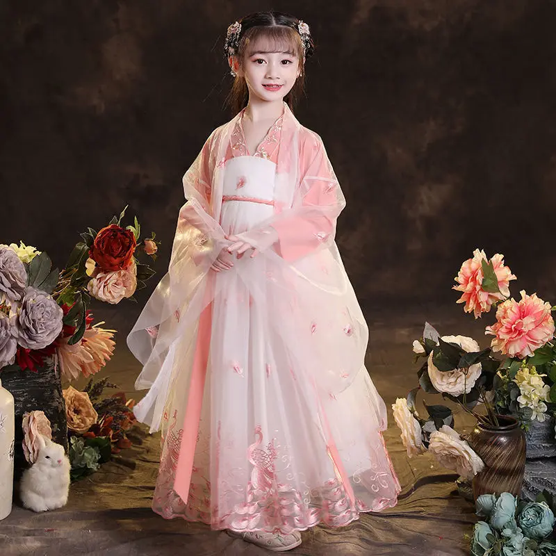 

Girl Hanfu Autumn Costume Ancient Dress Skirt Fairy Pink Autumn Flowing Children's Skirt Long-sleeved Dress